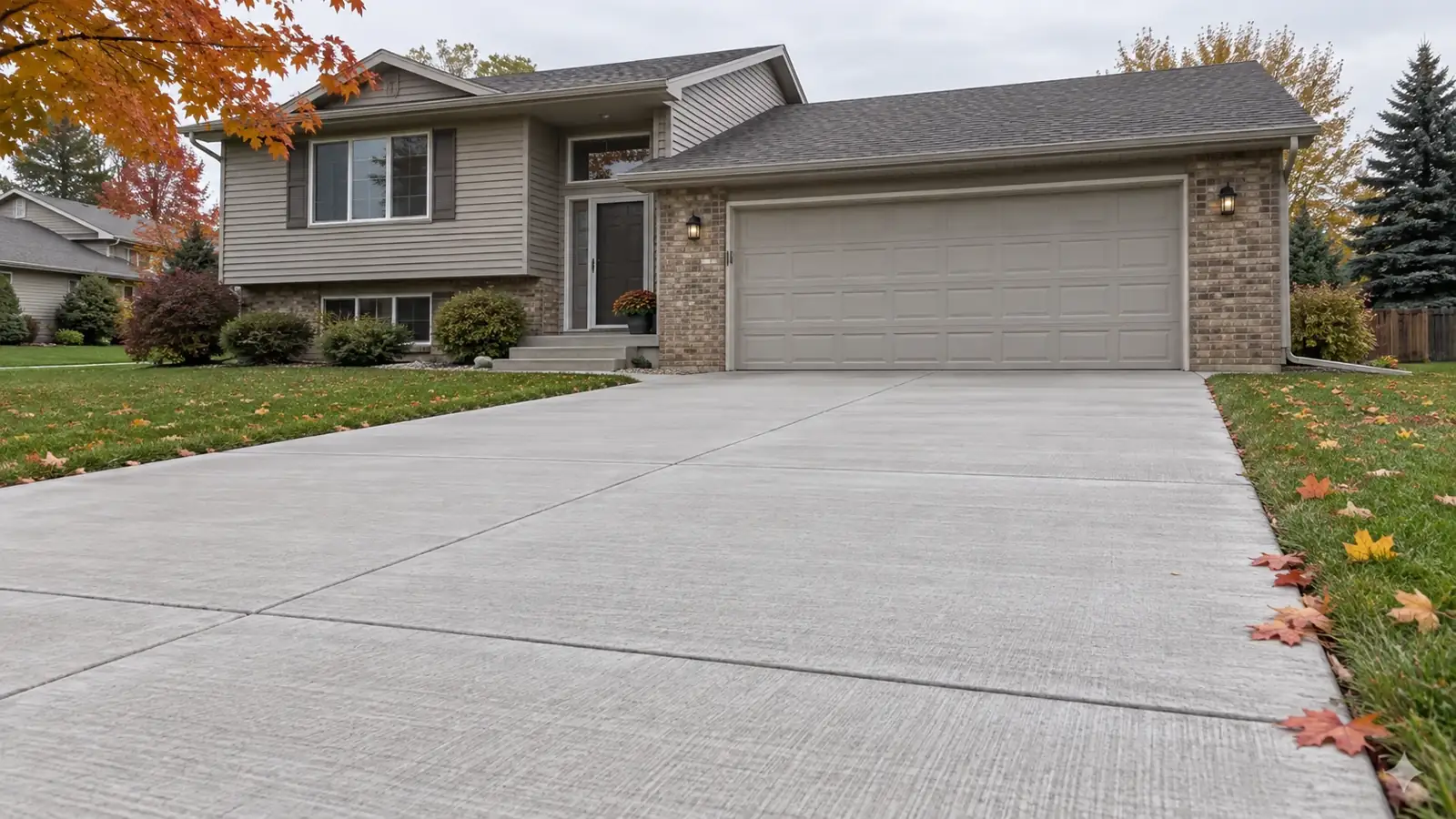 Illustrative broom-finished concrete driveway at a Minnesota split-level home in early fall