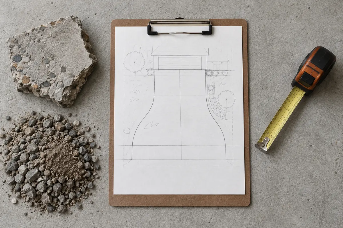 Illustrative driveway sketch, tape measure and broken concrete on a gravel base