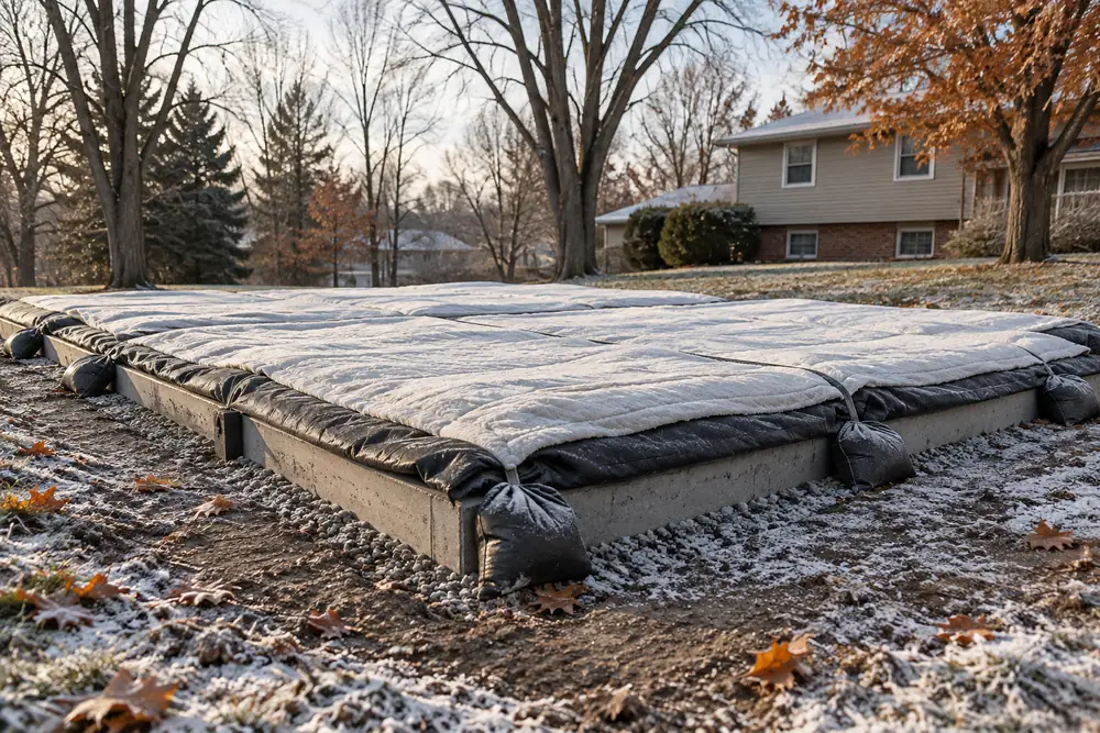 Illustrative concrete slab curing under insulated blankets on a frosty Minnesota morning