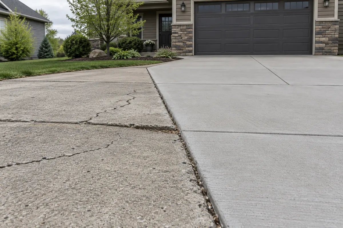 Illustrative cracked old driveway beside a newly poured concrete section