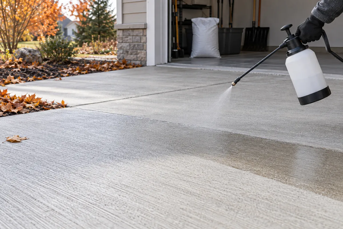 Illustrative sprayer applying clear sealer to a clean Minnesota driveway